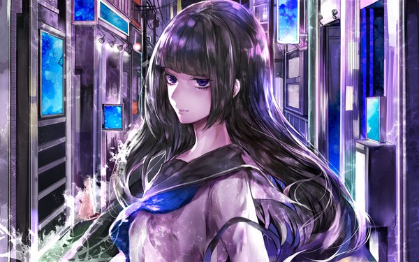 Anime picture 2400x1500 with original tcb (pixiv) single long hair looking at viewer highres blue eyes black hair girl uniform serafuku