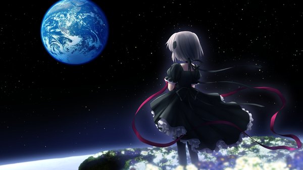 Anime picture 1280x720 with rewrite short hair wide image game cg white hair girl dress ribbon (ribbons) earth