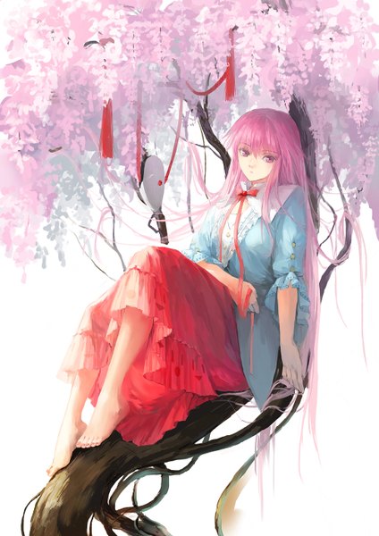 Anime picture 1000x1414 with touhou hata no kokoro untitiled single long hair tall image looking at viewer simple background white background sitting pink hair pink eyes barefoot cherry blossoms tree sitting girl skirt ribbon (ribbons) plant (plants) tree (trees)