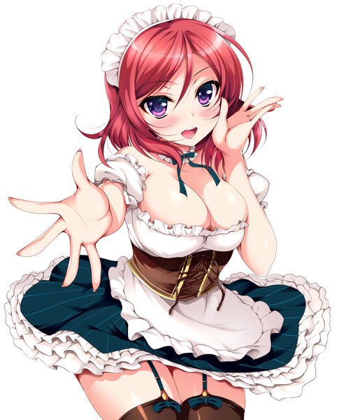 Anime picture 3307x4088 with love live! school idol project sunrise (studio) love live! nishikino maki ninoko single tall image blush highres short hair breasts open mouth light erotic simple background white background purple eyes absurdres cleavage red hair maid