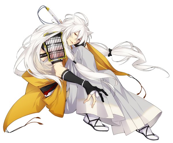 Anime picture 846x700 with touken ranbu nitroplus kogitsunemaru xia (ryugo) single looking at viewer fringe simple background hair between eyes red eyes white background sitting full body ahoge white hair very long hair traditional clothes japanese clothes boy gloves