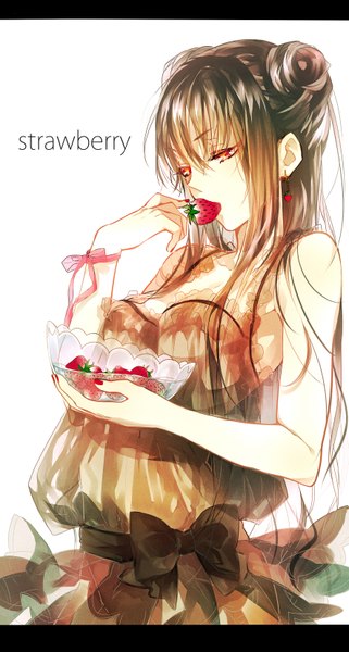 Anime picture 1771x3307 with original tayuya1130 single long hair tall image highres simple background red eyes brown hair white background bare shoulders nail polish inscription mouth hold eating girl dress ribbon (ribbons) bow earrings