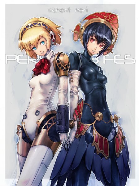 Anime picture 749x1000 with persona 3 persona aegis metis boyaking(sbf) tall image short hair blue eyes black hair blonde hair simple background smile red eyes multiple girls looking away inscription grey background holding hands border girl