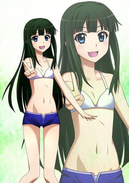 Anime picture 1060x1500 with natsuiro kiseki hanaki yuka kenken long hair tall image open mouth blue eyes green hair victory zoom layer girl navel swimsuit