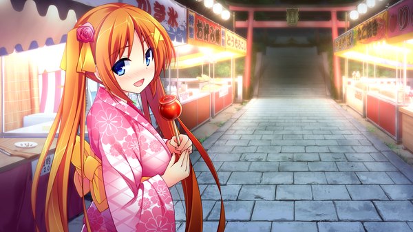 Anime picture 2560x1440 with wagaya no himegami-sama! long hair blush highres open mouth blue eyes wide image twintails game cg traditional clothes japanese clothes orange hair girl hair ornament ribbon (ribbons) hair ribbon food kimono fruit candy apple