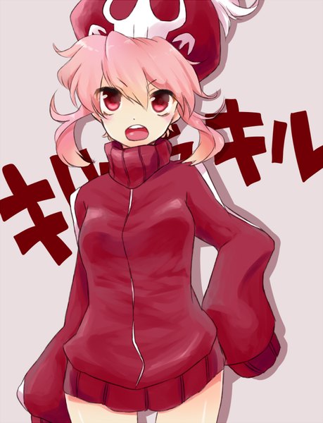 Anime picture 765x1000 with kill la kill studio trigger jakuzure nonon koma (asanagism) single tall image looking at viewer blush fringe short hair open mouth simple background hair between eyes pink hair long sleeves pink eyes wide sleeves teeth shadow hand on hip