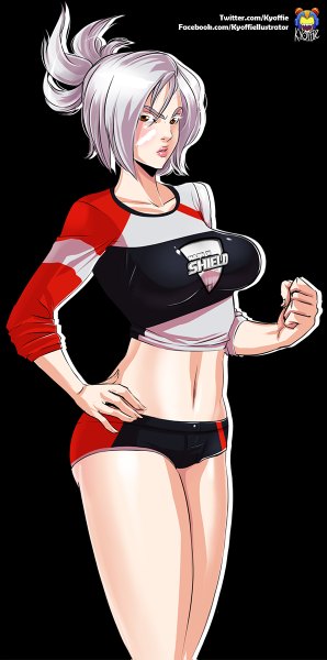 Anime picture 596x1199 with league of legends riven (league of legends) kyoffie12 single tall image short hair breasts light erotic simple background brown eyes silver hair lips bare belly midriff hand on hip black background girl navel uniform shorts