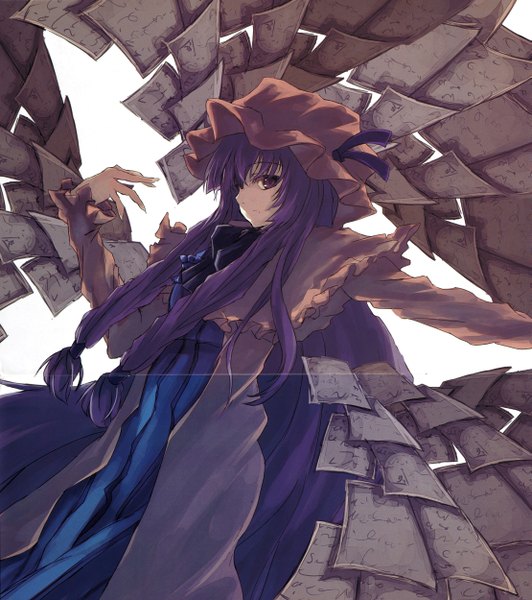 Anime picture 2217x2500 with touhou patchouli knowledge single long hair tall image highres purple eyes purple hair scan girl dress bonnet paper