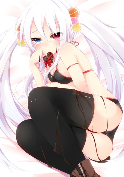 Anime picture 1147x1636 with original bloodcatblack (tsukiko) single long hair tall image looking at viewer blush breasts light erotic red eyes twintails bare shoulders holding cleavage white hair aqua eyes heterochromia mouth hold on side cameltoe