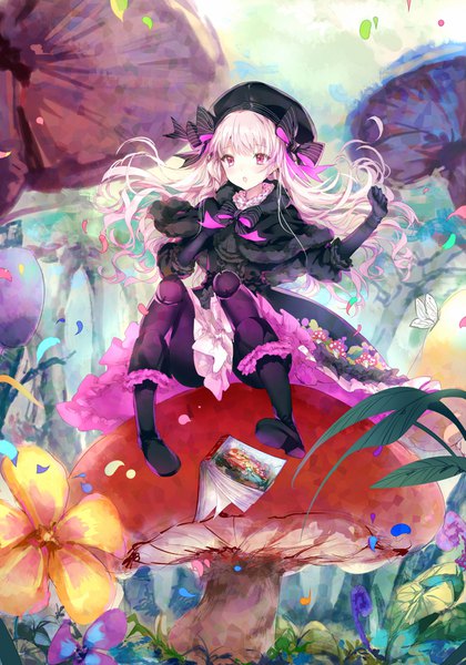 Anime picture 711x1015 with fate (series) alice in wonderland fate/extra nursery rhyme (fate/extra) kinokohime single long hair tall image fringe sitting looking away full body white hair pink eyes floating hair outstretched arm doll joints girl gloves hat