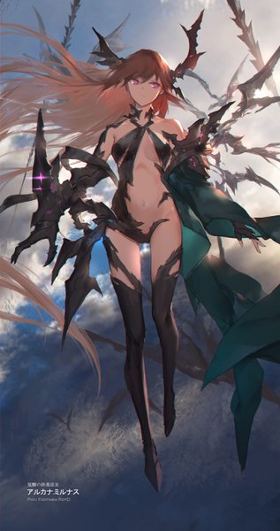 Anime picture 1488x2811 with original pixiv fantasia pixiv fantasia revenge of the darkness swd3e2 single tall image light erotic brown hair purple eyes bare shoulders looking away sky cloud (clouds) full body very long hair horn (horns) wind bare belly depth of field legs