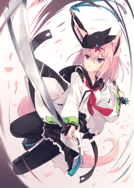 Anime picture 864x1208 with original nagishiro mito single tall image blush fringe short hair hair between eyes red eyes holding animal ears looking away pink hair full body bent knee (knees) tail parted lips animal tail pleated skirt wide sleeves