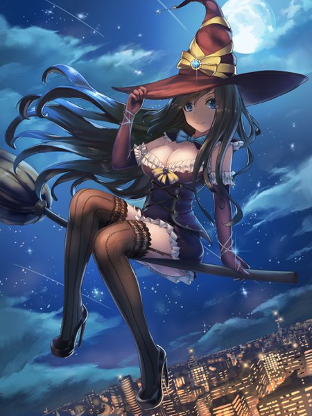 Anime picture 1833x2445 with original okuto (zwindhwingf) single long hair tall image looking at viewer highres breasts blue eyes light erotic black hair large breasts sitting ass light smile night arm support high heels night sky city