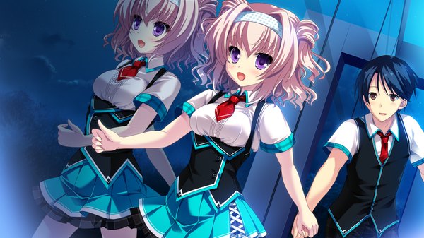 Anime picture 2560x1440 with cocoro@function! shirakusa ibuki blush highres short hair open mouth black hair blonde hair wide image purple eyes brown eyes game cg couple reflection girl boy uniform school uniform hairband