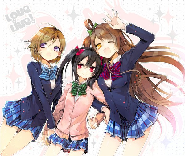 Anime picture 800x675 with love live! school idol project sunrise (studio) love live! yazawa nico minami kotori koizumi hanayo asamiyajy long hair short hair open mouth black hair smile red eyes brown hair purple eyes twintails multiple girls yellow eyes pleated skirt one eye closed