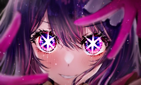 Anime picture 5263x3206 with oshi no ko hoshino ai (oshi no ko) haseon360 single long hair looking at viewer blush fringe highres smile hair between eyes wide image purple eyes absurdres purple hair symbol-shaped pupils victory close-up face girl