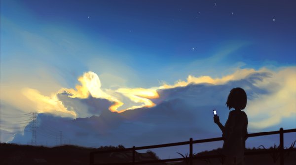 Anime picture 1360x760 with akio-bako (artist) single short hair wide image sky cloud (clouds) from behind night sky back evening sunset dark background landscape silhouette girl plant (plants) star (stars) grass wire (wires) phone