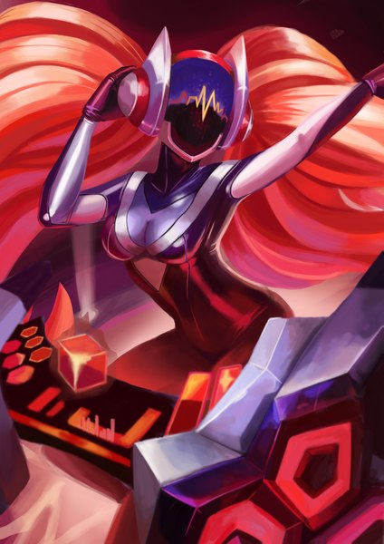 Anime picture 2480x3508 with league of legends sona buvelle aoshi7 (artist) single tall image highres breasts twintails red hair very long hair girl bodysuit helmet