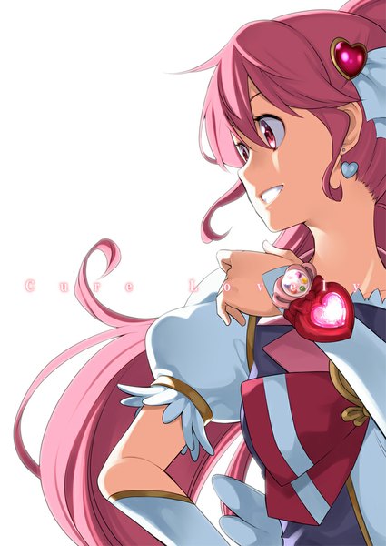 Anime picture 730x1030 with precure happinesscharge precure! toei animation aino megumi cure lovely yuuzii single long hair tall image simple background smile white background looking away pink hair ponytail pink eyes teeth hand on hip character names magical girl