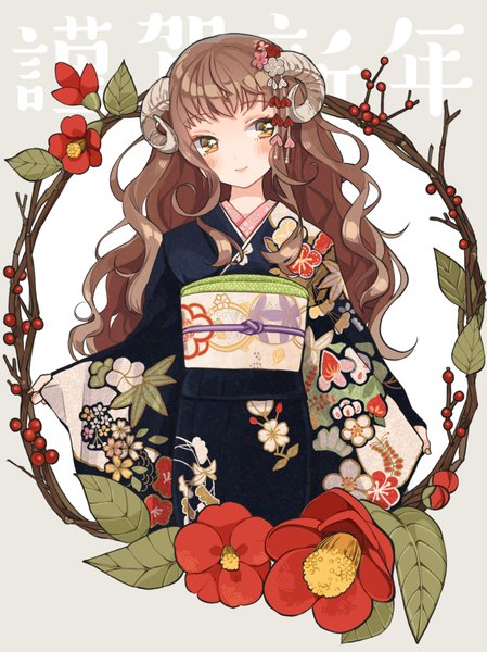 Anime picture 749x1000 with original shigure ui single long hair tall image blush smile brown hair yellow eyes looking away traditional clothes japanese clothes horn (horns) wide sleeves floral print hieroglyph wavy hair girl hair ornament flower (flowers)