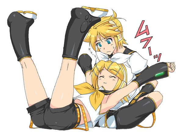 Anime picture 1060x800 with vocaloid kagamine rin kagamine len shichimenchou blue eyes blonde hair armpit (armpits) siblings :3 twins legs up brother and sister girl gaiters