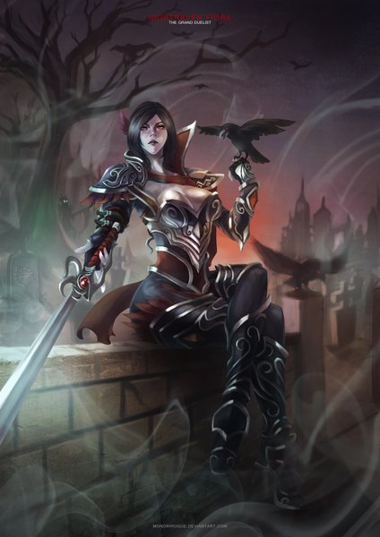 Anime picture 2480x3508 with league of legends fiora (league of legends) monori rogue single tall image highres short hair breasts black hair red eyes sitting lips girl weapon animal sword bird (birds) crow