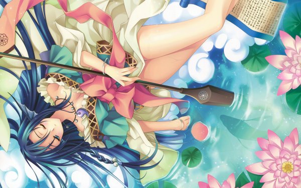Anime picture 2560x1600 with highres blue eyes wide image blue hair eyes closed very long hair girl flower (flowers) water pendant