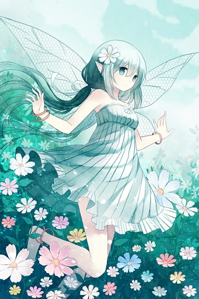 Anime picture 667x1000 with original cuivre single long hair tall image blue eyes blue hair pointy ears girl dress flower (flowers) wings bracelet sundress