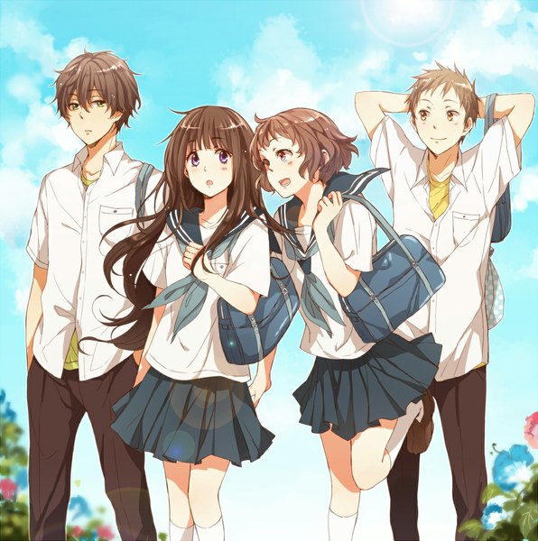 Anime picture 1100x1108 with hyouka kyoto animation chitanda eru oreki houtarou ibara mayaka fukube satoshi sleepy69 long hair tall image short hair open mouth black hair red eyes brown hair purple eyes multiple girls green eyes girl boy skirt