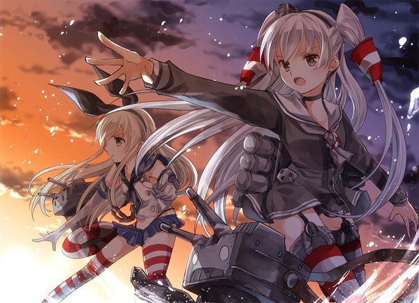 Anime picture 1000x726 with kantai collection shimakaze destroyer rensouhou-chan amatsukaze destroyer rensouhou-kun iroha (shiki) long hair open mouth light erotic blonde hair multiple girls brown eyes sky cloud (clouds) white hair profile two side up girl thighhighs skirt