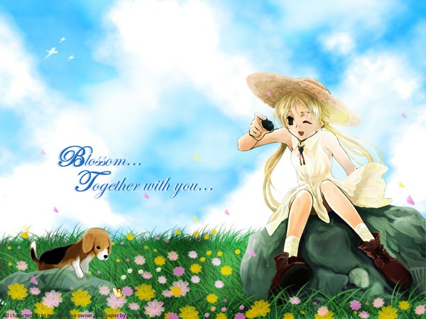 Anime picture 1024x768 with gagraphic yatsuki jun'ichirou single long hair open mouth blonde hair sitting green eyes signed full body :d one eye closed third-party edit summer girl flower (flowers) hat animal dog flower field
