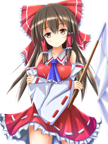 Anime picture 1200x1600 with touhou hakurei reimu deeshima long hair tall image looking at viewer simple background smile brown hair white background brown eyes miko girl detached sleeves gohei