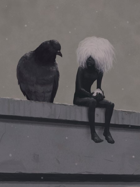 Anime picture 2500x3333 with original sakkan (artist) tall image highres nude lips grey hair snowing winter hair over eyes ambiguous gender black skin animal bird (birds) snowball
