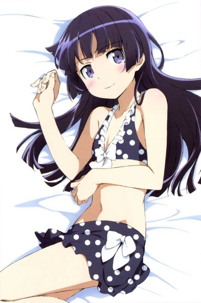 Anime picture 2303x3468 with ore no imouto ga konna ni kawaii wake ga nai gokou ruri single long hair tall image looking at viewer blush highres breasts light erotic smile purple eyes bare shoulders purple hair lying mole bare belly mole under eye on side flat chest