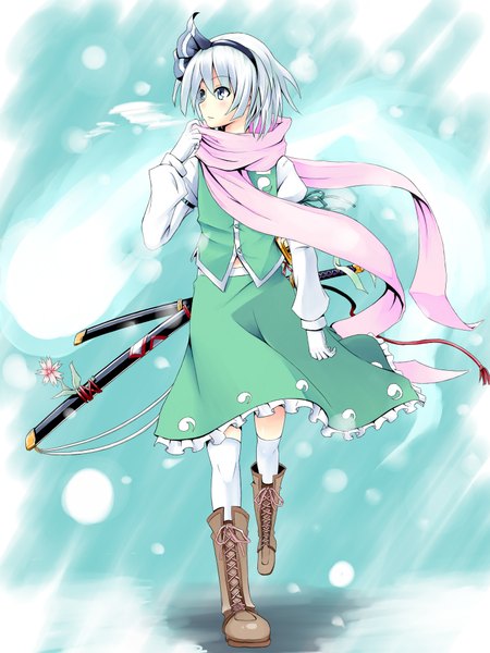 Anime picture 1500x2000 with touhou konpaku youmu myon single tall image short hair blue eyes looking away white hair profile girl skirt sword boots hairband scarf katana skirt set