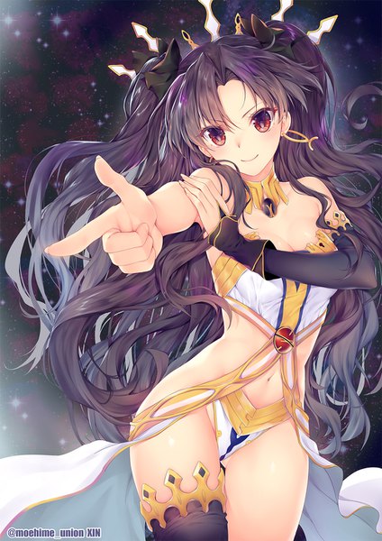 Anime picture 1000x1414 with fate (series) fate/grand order ishtar (fate) obiwan single long hair tall image looking at viewer blush light erotic black hair smile red eyes bare shoulders cleavage fingernails sparkle two side up wavy hair pointing