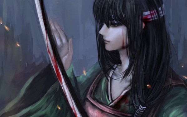 Anime picture 1680x1050 with gintama sunrise (studio) katsura kotarou tagme (artist) single long hair fringe black hair simple background traditional clothes japanese clothes black eyes grey background bloody weapon boy weapon sword armor katana blood