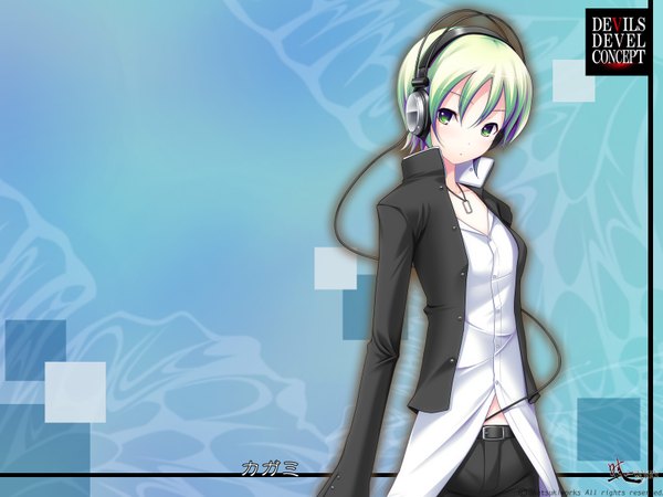 Anime picture 1600x1200 with devils devel concept (game) single short hair green eyes game cg green hair girl headphones