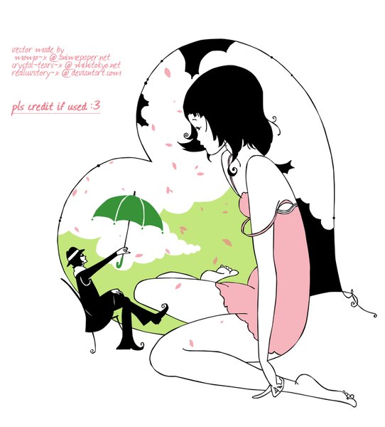 Anime picture 1445x1600 with nakamura yusuke tall image short hair black hair sitting bare shoulders profile barefoot vector girl boy hat petals heart umbrella chair