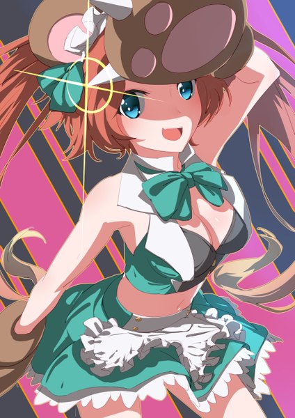 Anime picture 955x1350 with yuri kuma arashi yurigasaki lulu touboku single long hair tall image looking at viewer blush breasts open mouth blue eyes smile brown hair twintails animal ears cleavage from above hand on head striped background girl