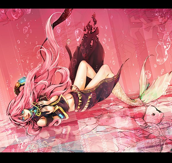 Anime picture 1200x1139 with vocaloid megurine luka single long hair fringe breasts pink hair tail lying aqua eyes lips on back legs torn clothes reflection underwater monsterification girl water headphones