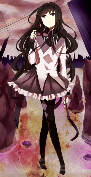 Anime picture 1024x2000 with mahou shoujo madoka magica shaft (studio) akemi homura kyama single long hair tall image highres black hair purple eyes holding ruins girl bow ribbon (ribbons) pantyhose water glasses hairband wire (wires)