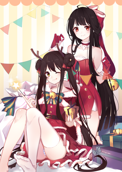 Anime picture 1000x1414 with yipai zhi chang wei lao bu zun! akira (ying) long hair tall image looking at viewer blush light erotic black hair simple background smile red eyes sitting twintails multiple girls holding yellow eyes ahoge very long hair one eye closed barefoot