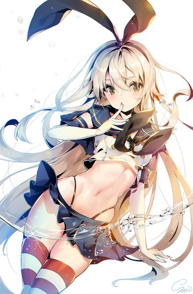 Anime picture 985x1500 with kantai collection shimakaze destroyer snow is single long hair tall image blush fringe light erotic simple background blonde hair hair between eyes white background brown eyes signed looking away sparkle finger to mouth girl thighhighs