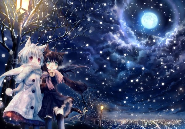 Anime picture 1200x839 with onineko blush short hair brown hair multiple girls animal ears sky cloud (clouds) white hair tail pink eyes aqua eyes night snowing winter girl thighhighs ribbon (ribbons) 2 girls plant (plants)