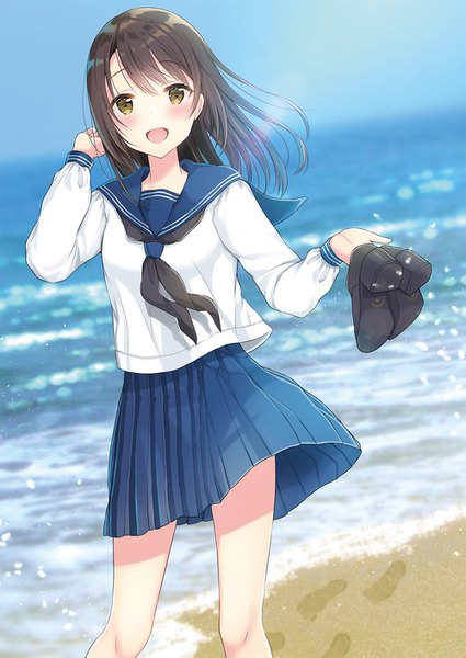 Anime picture 1000x1411 with original ueno tomo single long hair tall image looking at viewer blush fringe open mouth brown hair standing holding brown eyes pleated skirt wind happy horizon sand shoes removed skirt flip
