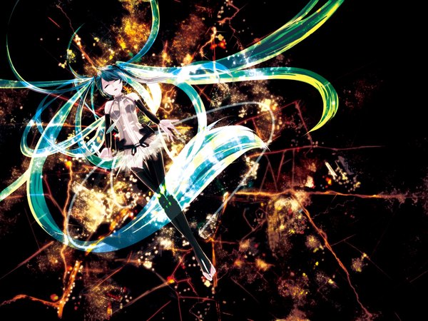 Anime picture 2000x1500 with vocaloid vocaloid append hatsune miku hatsune miku (append) memai highres twintails eyes closed very long hair multicolored hair girl detached sleeves