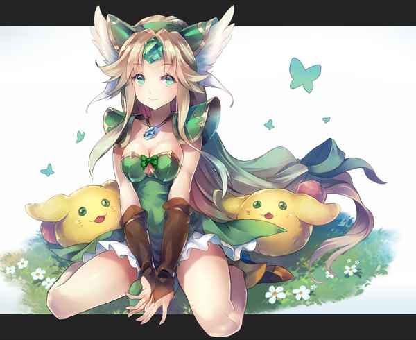 Anime picture 1200x980 with seiken densetsu seiken densetsu 3 riesz rabite deecha single looking at viewer blush breasts light erotic blonde hair smile sitting green eyes cleavage very long hair multicolored hair green hair wariza letterboxed