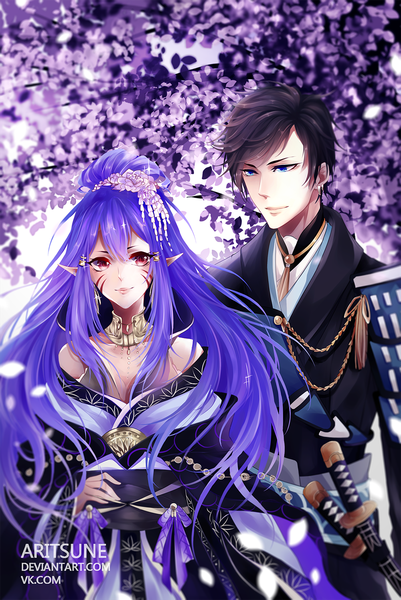 Anime picture 1000x1496 with original aritsune long hair tall image short hair blue eyes black hair smile red eyes signed purple hair traditional clothes pointy ears sparkle hand on hip turning head facial mark girl boy hair ornament