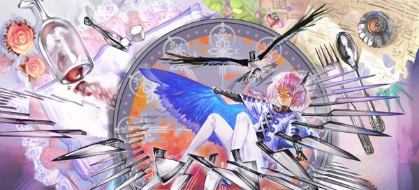 Anime picture 1600x729 with original pixiv fantasia pixiv fantasia sword regalia biji single looking at viewer short hair smile wide image purple eyes pink hair pointy ears freckles boy animal bird (birds) knife wine glass fork spoon